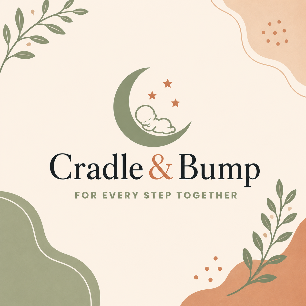 A decorative brand graphic for Cradle & Bump, featuring a crescent moon with a sleeping baby illustration and stars above the text 'Cradle & Bump' and 'FOR EVERY STEP TOGETHER.' The design uses soft beige, sage green, and terracotta accents with abstract shapes and botanical leaves around the border.