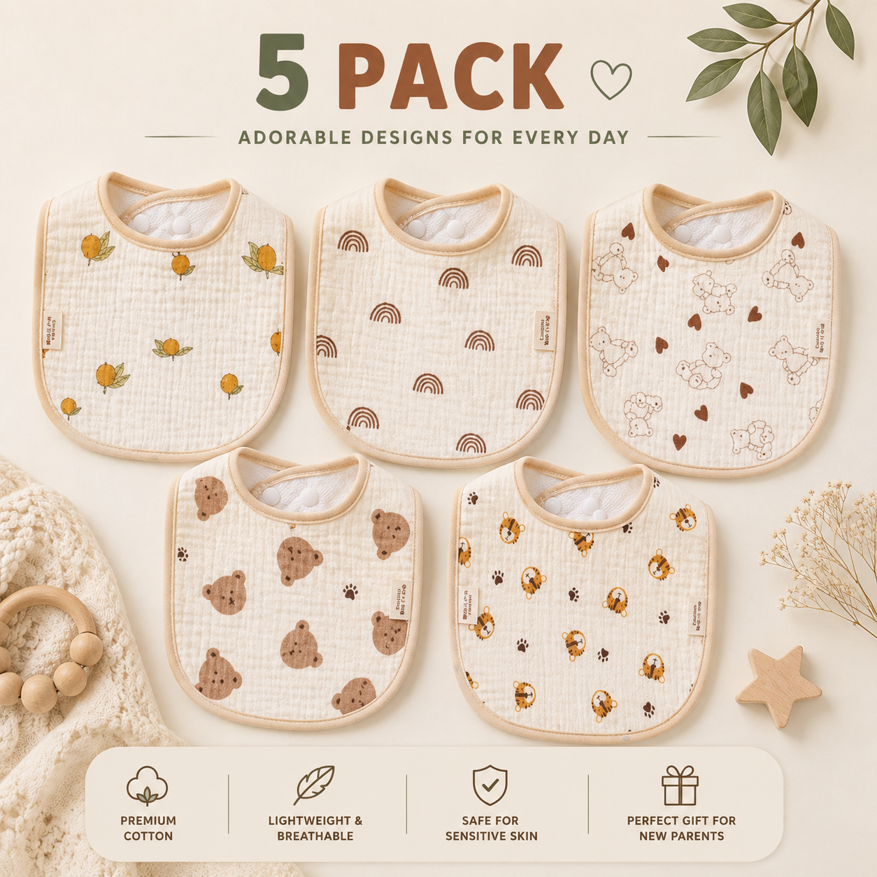 5-Pack Feeding Bibs | Soft, Absorbent & Snap-Close for Babies
