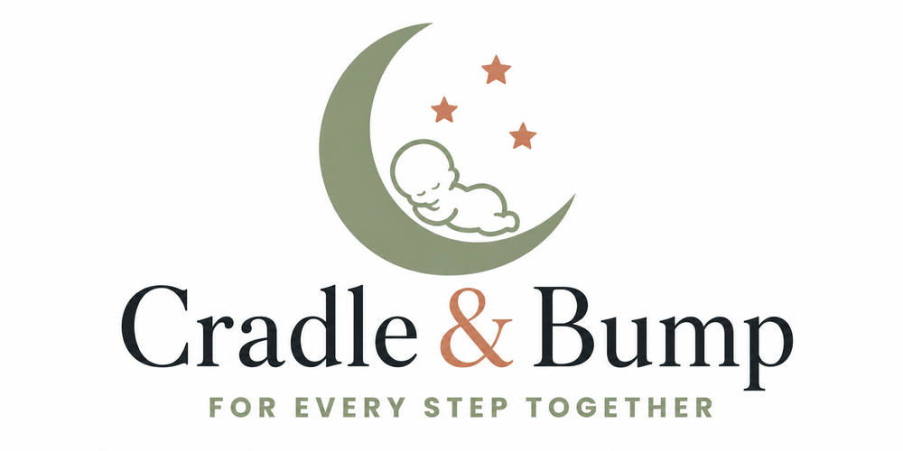 Cradle & Bump logo featuring a crescent moon with a sleeping baby and stars above the text 'Cradle & Bump' and 'FOR EVERY STEP TOGETHER' on a white background.
