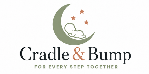 Cradle & Bump logo featuring a crescent moon with a sleeping baby and stars above the text 'Cradle & Bump' and 'FOR EVERY STEP TOGETHER' on a white background.