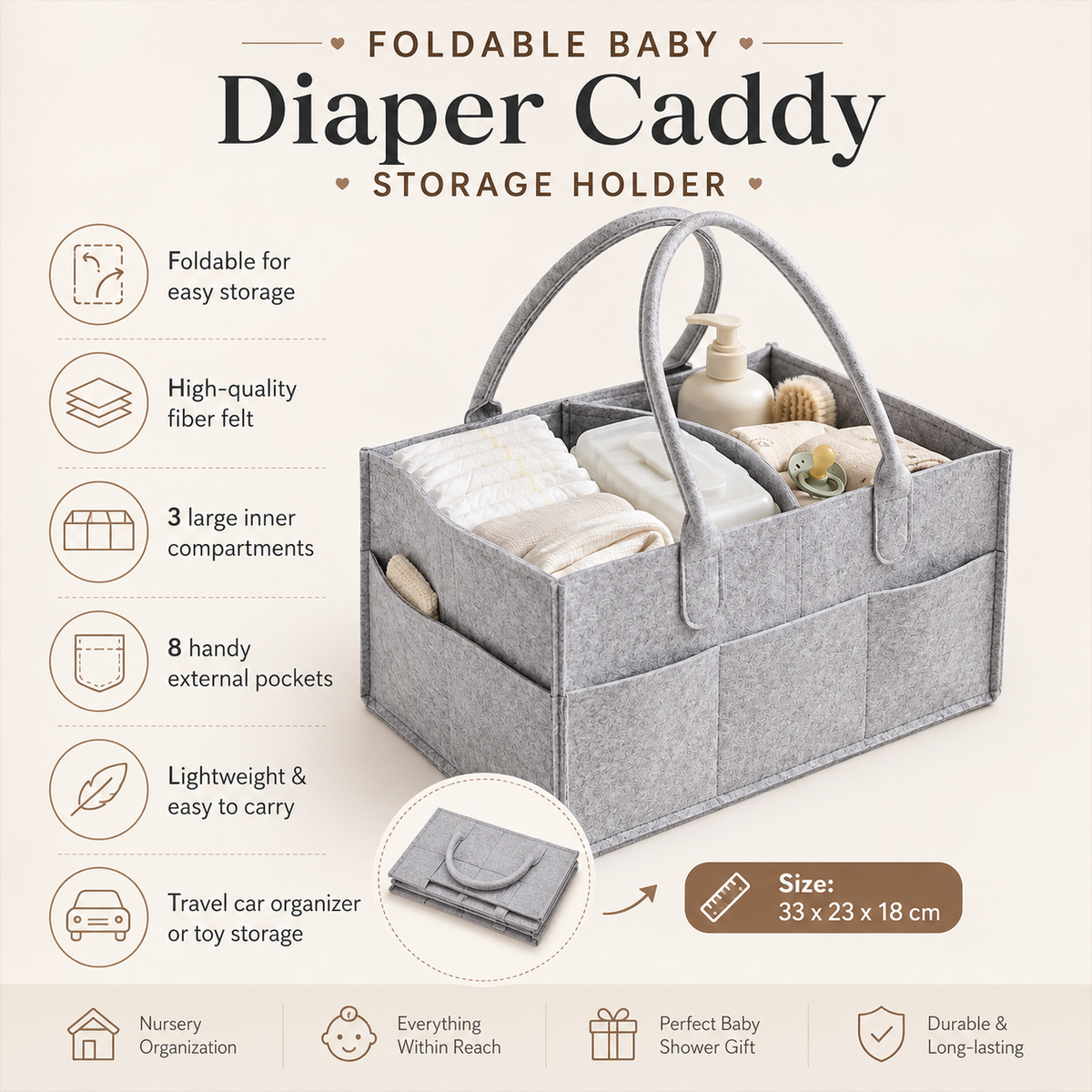 Nest & Go Baby Diaper Caddy – Grey